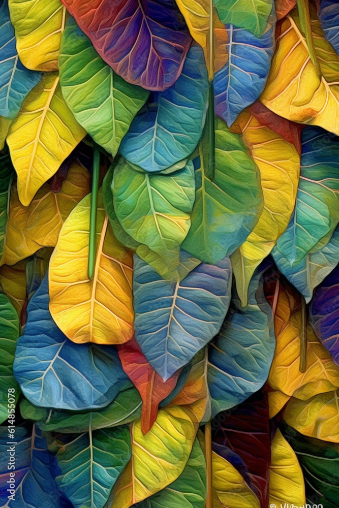 Aufkleber  An abstract digital collage of multiple overlapping leaf images, creating a visually complex.  Generative AI technology.
