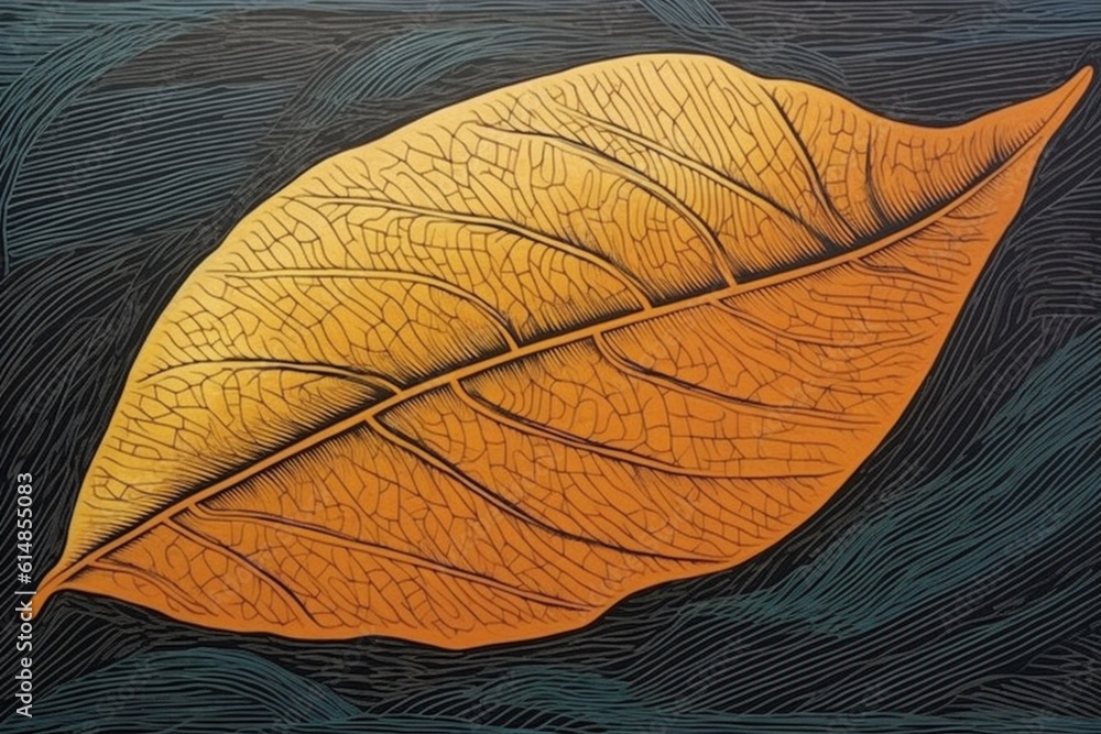 Poster an abstract linocut print of a leaf, with bold lines and contrasting textures, conveying a sense of 