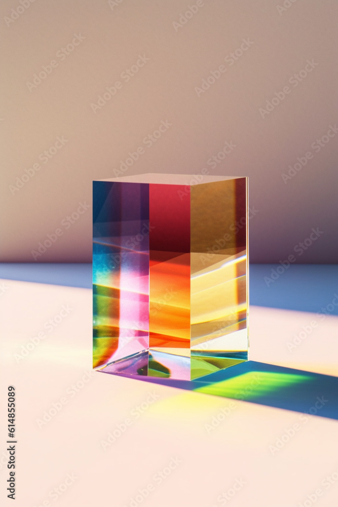 Poster a minimalist photograph of sunlight passing through a glass prism, creating a spectrum of colors and