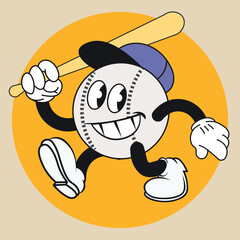 baseball mascot, vintage cartoon character, vector logo, sports sticker design concept