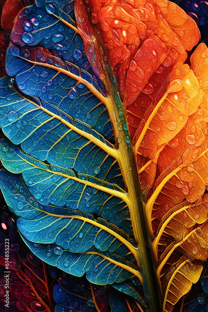 Aufkleber An abstract digital artwork depicting a vibrant and colorful leaf, with intricate patterns and textures that evoke a sense of nature and vitality.  Generative AI technology.