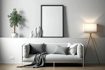 white blank frame with decoration trendy vase and plant, lamp with light and luxury sofa, pillows, wall, floor, using Generative Ai technologie