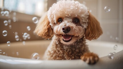 happy dog in a bubble bath, generative ai
