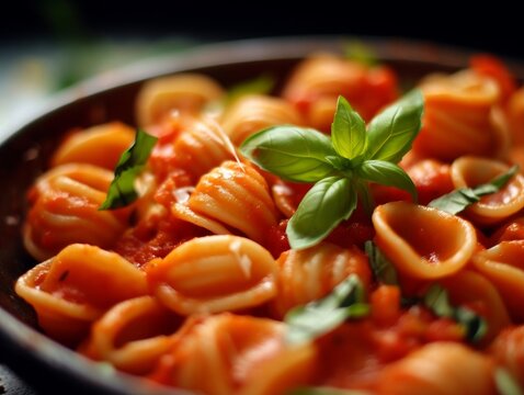 Orecchiette pasta with a fresh tomato sauce and basil leaves