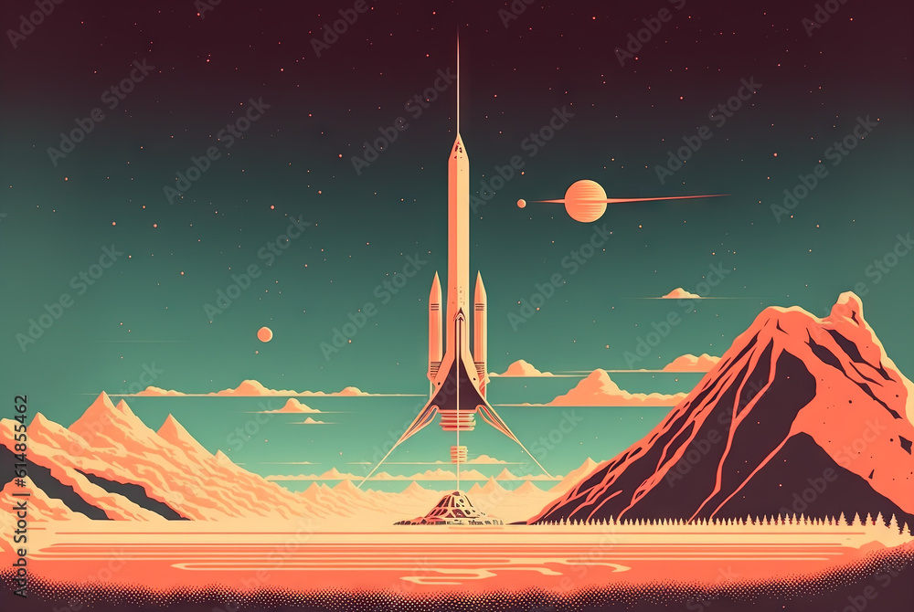 Poster retrofuturistic landscape in 80s sci-fi style. retro science fiction scene with futuristic buildings