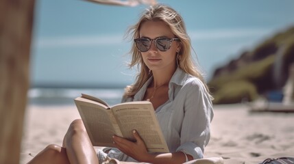 adult woman with book reading on the beach