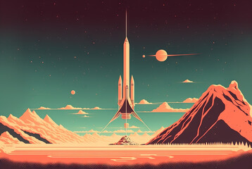 Retrofuturistic landscape in 80s sci-fi style. Retro science fiction scene with futuristic buildings. Generated AI.