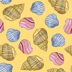 Decorative vintage seamless pattern with various seashells. Seashells pattern on yellow background. Summer pattern with seashells for design, fabric, printing, scrapbooking