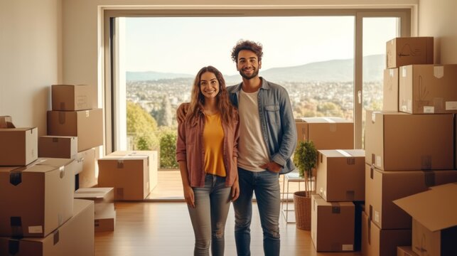 young couple in apartment settling in with moving boxes
