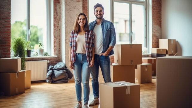 young couple in apartment settling in with moving boxes