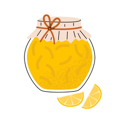 Flat vector illustration of a glass jar with homemade lemon jam. Sweet traditional dessert. Isolated design on a white background.