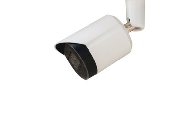 Small white CCTV security camera isolated in white background. Safety monitoring, Digital security...