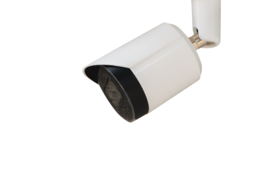 Small white CCTV security camera isolated in white background. Safety monitoring, Digital security camera technology concept of surveillance monitoring for safety.
