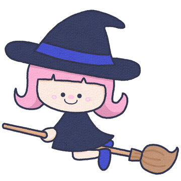 cute Halloween spooky witch riding broom