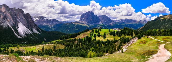 Poster Breathtaking panorama of beautiful Alps mountains Dolomites, Val Gardena ski resort in south Tyrol in northern Italy. Alpine nature scenery © Freesurf