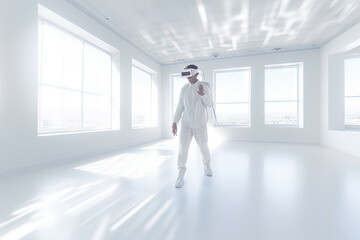 VR goggles technology concept with a person wearing virtual reality glasses device in white room. Generated AI.