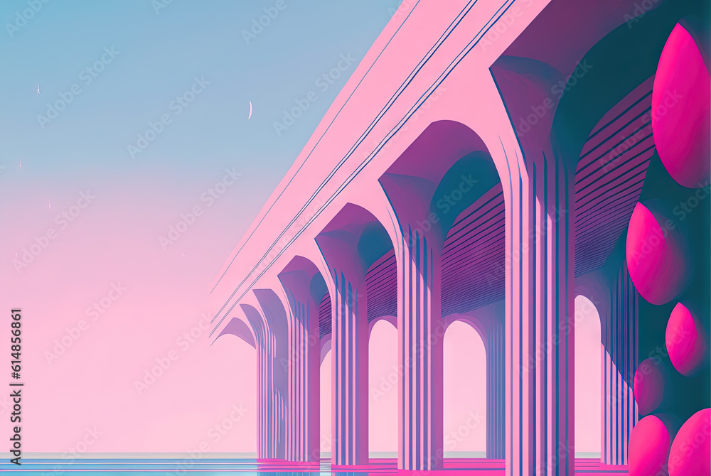Poster vaporwave landscape with abstract building with pillars. 80s styled pink and blue minimalistic archi