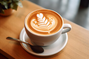 Coffee latte in a white mug with thick milk foam and latte art, generative AI