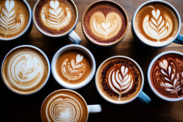 Multiple coffee lattes in mugs with latte art overhead view on a wooden table, generative AI