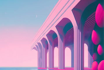 Vaporwave landscape with abstract building with pillars. 80s styled pink and blue minimalistic architectural scene. Generated AI.