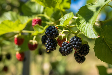 Blackberry plants with ripe berries in an orchard on a sunny day, generative AI