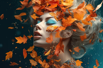 Woman with autumn leaves wreath. Portrait of girl in dreamy fall mood with scattered leaves. Generated AI.