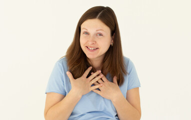 Photo of surprised woman hands chest unexpected good news speechless reaction biggest finance income isolated on white color background