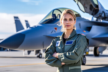 Military fighter jet woman pilot portrait. Generative AI