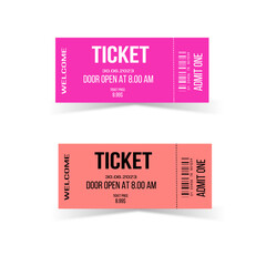 Two pink and coral tickets for circus, concert, boarding, lottery, movie and coupon white background