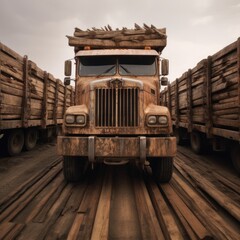 Long heavy industrial wood carrier cargo carries freshly sawn wood on the road close up. Generative Ai.