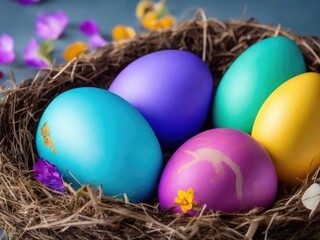 Fototapeta na wymiar colorful easter eggs in nest. ai generative