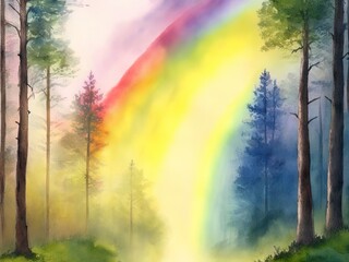 Obraz na płótnie Canvas Rainbow above a forest Watercolor. ai generative