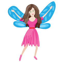 Fototapeta na wymiar Funny pink fairy illustration; Winged woman comical design for children`s party wallpapers;