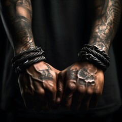Fototapeta na wymiar Black Prisoners Tattoo Hands Wrists in Shackles. Generative ai
