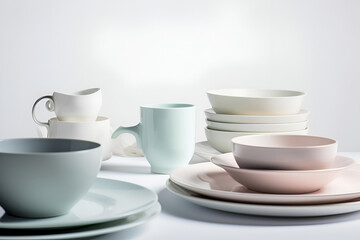 Fototapeta premium Household ceramic items. Pastel color crockery: stacks of bowls and mugs. AI generated