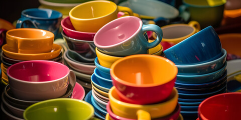 Multicolored household ceramic items. Colorful crockery: stacks of bowls and mugs. AI generated