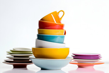 Multicolored household ceramic items. Colorful crockery: stacks of bowls and mugs. AI generated