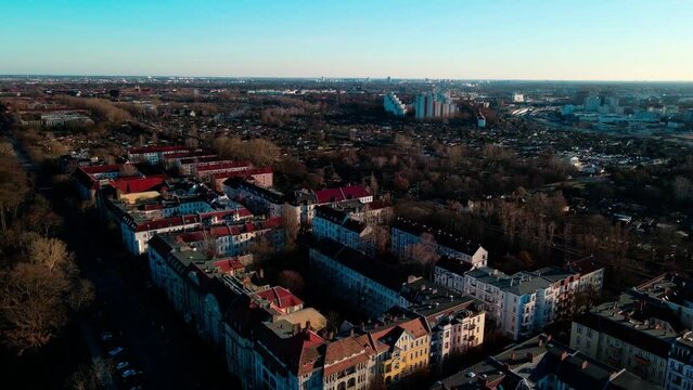 Aerial view of treptower park and planterwald forest during Spring in Berlin Germany