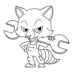 Raccoon with a spanner. Vector illustration of a sketch funny animals. Wild animal, beautiful, predator, zoo. Nature, portrait.