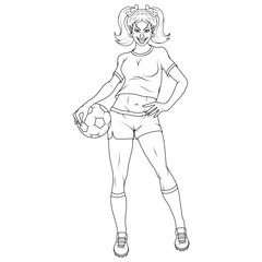 Football player girl. Vector illustration of a sketch young soccer woman player. Female team playing