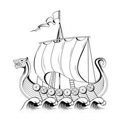 Drakkar ship. Vector illustration of a sketch viking, scandinavian warship with a dragons head © vectorinochka