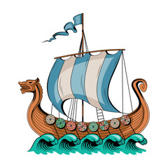 Drakkar ship. Vector illustration of a viking, scandinavian warship with a dragons head