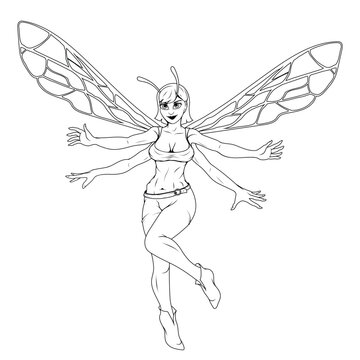 Wasp girl. Vector illustration of a sketch young bee in a trendy striped dress. Female comic book character