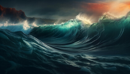 Fototapeta premium The majestic wave crashes, spraying liquid in a beautiful seascape generated by AI