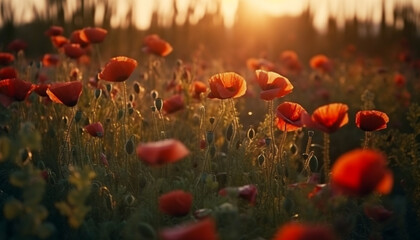 Fototapeta na wymiar Vibrant wildflowers bloom in tranquil meadow at sunset dusk generated by AI