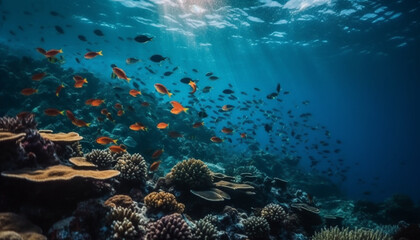 Fototapeta na wymiar Deep below, a multi colored reef teems with aquatic life generated by AI