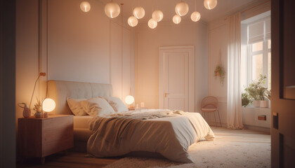 Cozy modern bedroom with luxurious bedding and elegant decor generated by AI