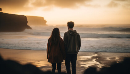 A married couple embraces at dusk, holding hands by water generated by AI