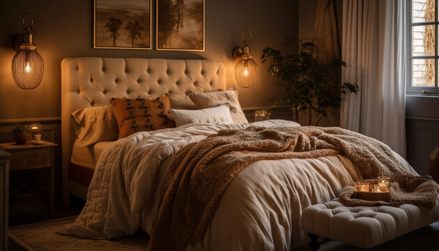 Cozy bedroom with fluffy pillows on a comfortable bed indoors generated by AI
