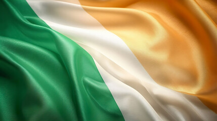 Republic of Ireland tricolour silk fabric flag with ripples background. A.I. Generated. - obrazy, fototapety, plakaty